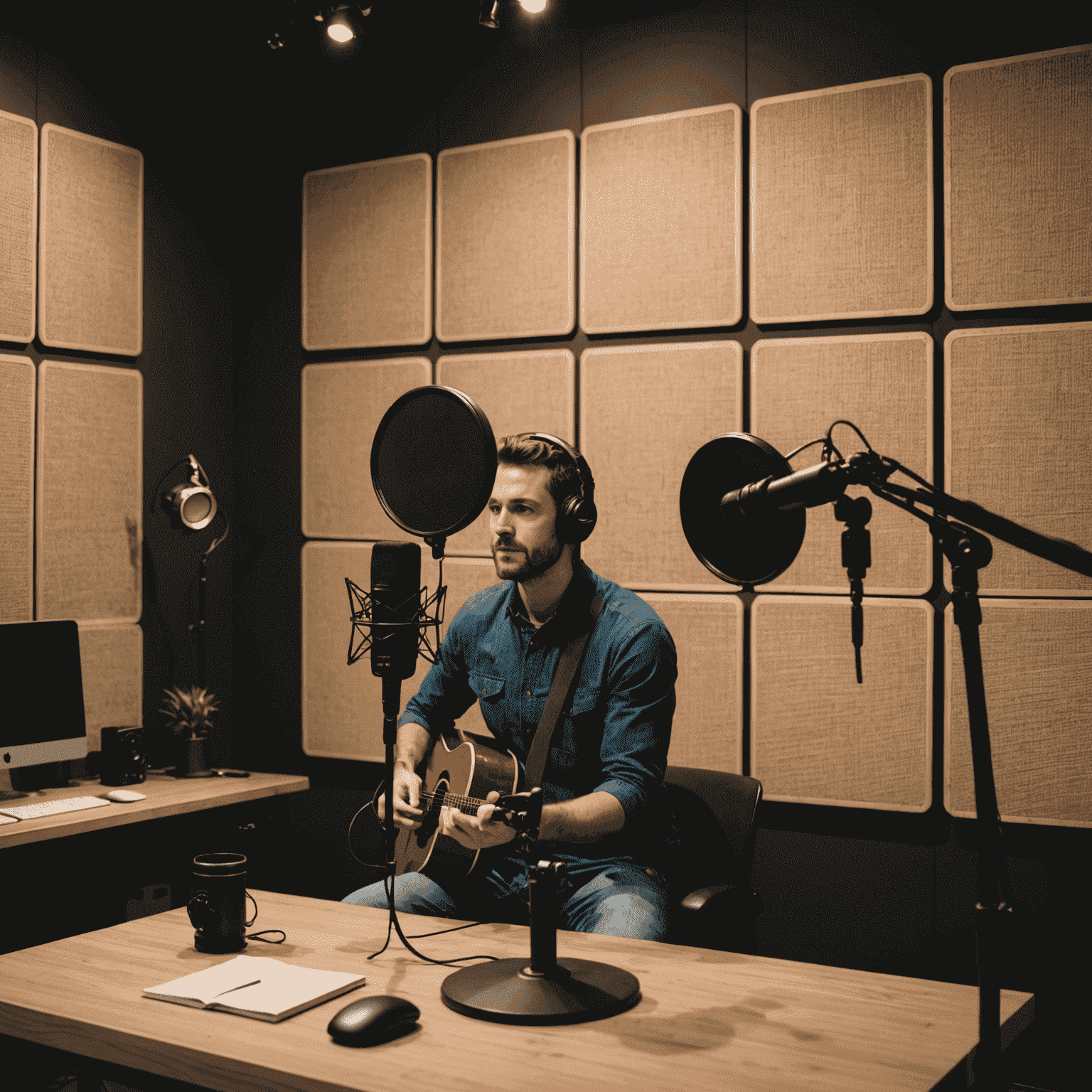 A podcast studio setup with acoustic panels, pop filters, and a person adjusting microphone settings