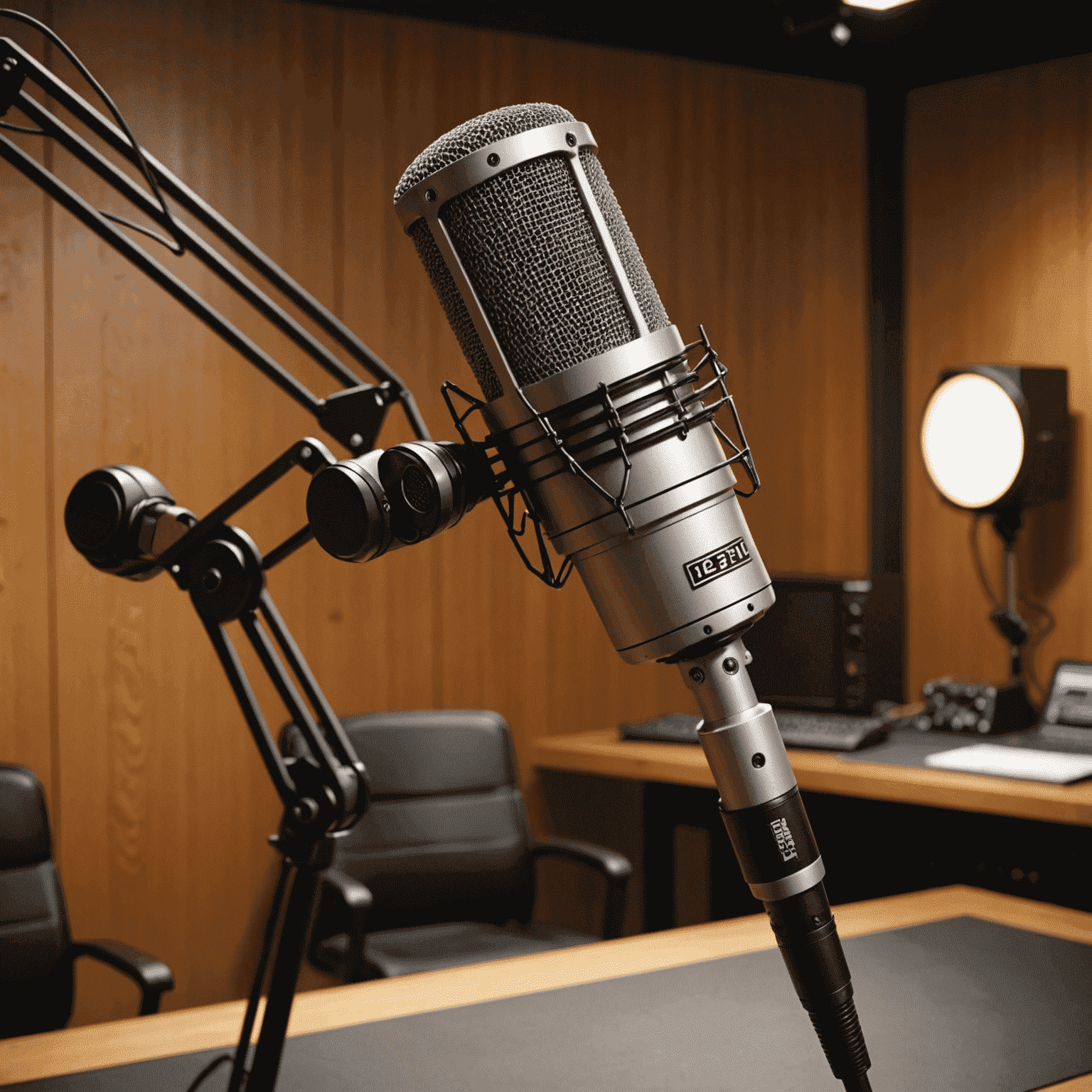 Electro-Voice RE20 microphone in a professional broadcast studio setting, mounted on a boom arm
